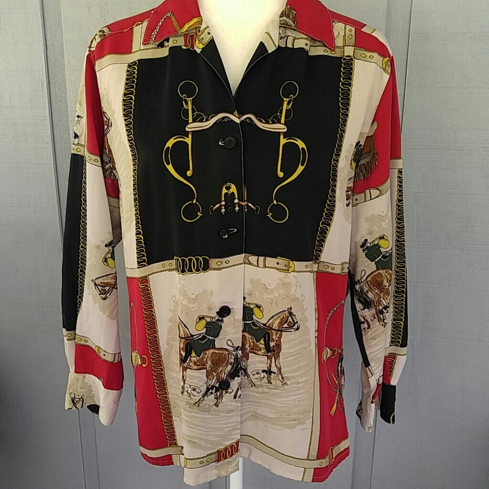 La Caviar Fox hunting horse hounds scene blouse M